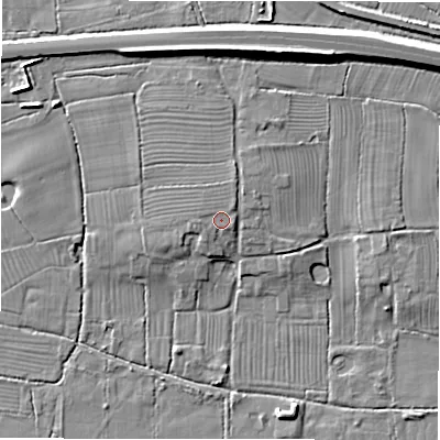 Shaded relief map of the ground around DE655PW, computed from Environment Agency LiDAR. The ground here sits at about 59 m above sea level and falls 11 m across the surrounding 800 m. Surface water reaching this point runs off ground lying to the north-east, 1.3 m higher.