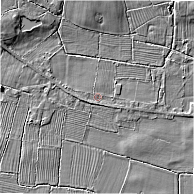 Shaded relief map of the ground around DE655PX, computed from Environment Agency LiDAR. The ground here sits at about 55 m above sea level and falls 8 m across the surrounding 800 m. Surface water reaching this point runs off ground lying to the west, 1.1 m higher.