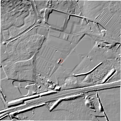 Shaded relief map of the ground around DE655PZ, computed from Environment Agency LiDAR. The ground here sits at about 50 m above sea level and falls 11 m across the surrounding 800 m. Surface water reaching this point runs off ground lying to the north-east, 8.4 m higher.