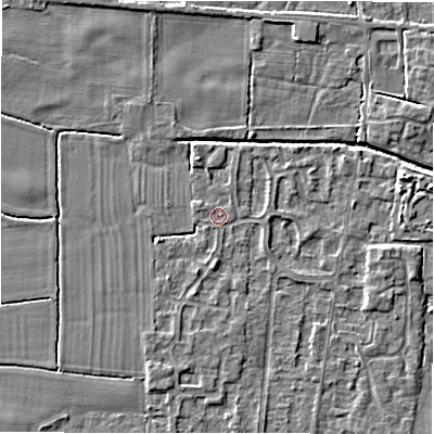 Shaded relief map of the ground around DE655QA, computed from Environment Agency LiDAR. The ground here sits at about 54 m above sea level and falls 4 m across the surrounding 800 m. Surface water reaching this point runs off ground lying to the west-north-west, 0.6 m higher.