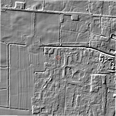 Shaded relief map of the ground around DE655QB, computed from Environment Agency LiDAR. The ground here sits at about 54 m above sea level and falls 4 m across the surrounding 800 m. Surface water reaching this point runs off ground lying to the north-north-west, 0.9 m higher.
