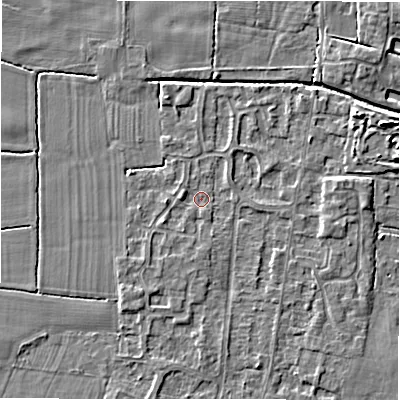 Shaded relief map of the ground around DE655QD, computed from Environment Agency LiDAR. The ground here sits at about 54 m above sea level and falls 4 m across the surrounding 800 m. Surface water reaching this point runs off ground lying to the west-south-west, 1.1 m higher.