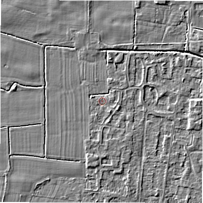 Shaded relief map of the ground around DE655QE, computed from Environment Agency LiDAR. The ground here sits at about 54 m above sea level and falls 3 m across the surrounding 800 m. Surface water reaching this point runs off ground lying to the south-south-east, 1.6 m higher.