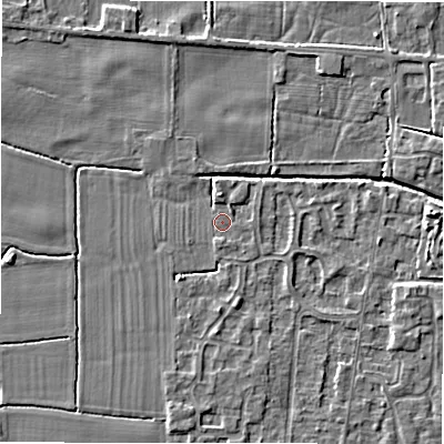 Shaded relief map of the ground around DE655QF, computed from Environment Agency LiDAR. The ground here sits at about 54 m above sea level and falls 3 m across the surrounding 800 m. Surface water reaching this point runs off ground lying to the north, 1.3 m higher.