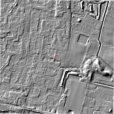 Shaded relief map of the ground around DE655QG, computed from Environment Agency LiDAR. The ground here sits at about 54 m above sea level and falls 5 m across the surrounding 800 m. The ground contributing surface water to this point lies to the north-west.