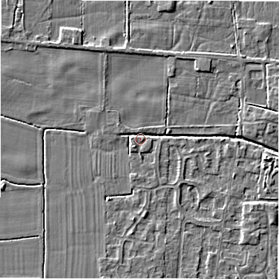 Shaded relief map of the ground around DE655QH, computed from Environment Agency LiDAR. The ground here sits at about 55 m above sea level and falls 3 m across the surrounding 800 m. Surface water reaching this point runs off ground lying to the north-north-west, 2.8 m higher.