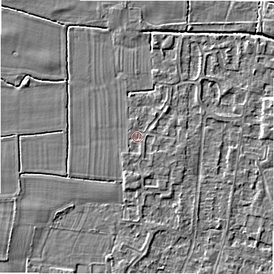 Shaded relief map of the ground around DE655QJ, computed from Environment Agency LiDAR. The ground here sits at about 54 m above sea level and falls 3 m across the surrounding 800 m. Surface water reaching this point runs off ground lying to the east-north-east, 0.9 m higher.