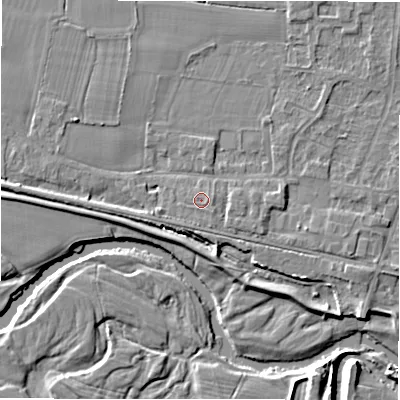 Shaded relief map of the ground around DE655QL, computed from Environment Agency LiDAR. The ground here sits at about 55 m above sea level and falls 6 m across the surrounding 800 m. Surface water reaching this point runs off ground lying to the east, 0.6 m higher.