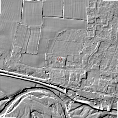 Shaded relief map of the ground around DE655QN, computed from Environment Agency LiDAR. The ground here sits at about 54 m above sea level and falls 6 m across the surrounding 800 m. Surface water reaching this point runs off ground lying to the east-north-east, 0.7 m higher.