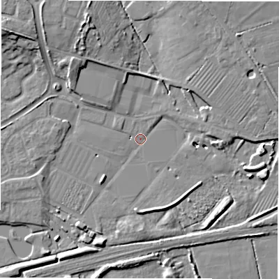 Shaded relief map of the ground around DE655QP, computed from Environment Agency LiDAR. The ground here sits at about 50 m above sea level and falls 12 m across the surrounding 800 m. Surface water reaching this point runs off ground lying to the north-north-west, 9.0 m higher.