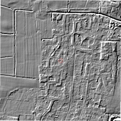 Shaded relief map of the ground around DE655QQ, computed from Environment Agency LiDAR. The ground here sits at about 54 m above sea level and falls 4 m across the surrounding 800 m. The ground contributing surface water to this point lies to the south-east.