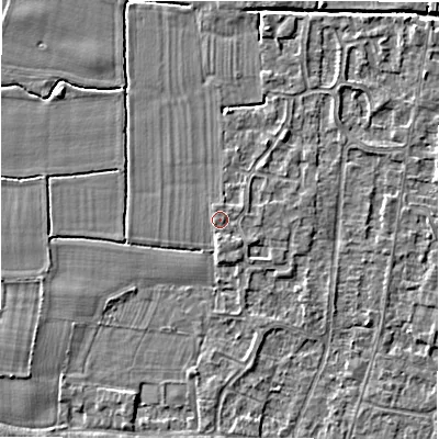 Shaded relief map of the ground around DE655QR, computed from Environment Agency LiDAR. The ground here sits at about 54 m above sea level and falls 3 m across the surrounding 800 m. Surface water reaching this point runs off ground lying to the south-south-east, 0.7 m higher.