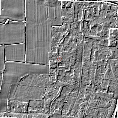 Shaded relief map of the ground around DE655QS, computed from Environment Agency LiDAR. The ground here sits at about 54 m above sea level and falls 3 m across the surrounding 800 m. Surface water reaching this point runs off ground lying to the west-south-west, 1.0 m higher.