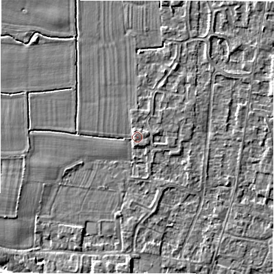 Shaded relief map of the ground around DE655QT, computed from Environment Agency LiDAR. The ground here sits at about 55 m above sea level and falls 2 m across the surrounding 800 m. Surface water reaching this point runs off ground lying to the north-west, 1.6 m higher.