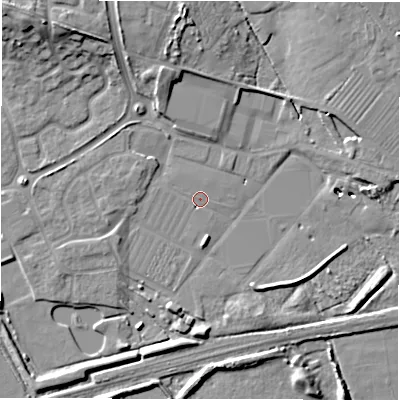 Shaded relief map of the ground around DE655QU, computed from Environment Agency LiDAR. The ground here sits at about 50 m above sea level and falls 12 m across the surrounding 800 m. Surface water reaching this point runs off ground lying to the north, 10.1 m higher.