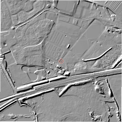 Shaded relief map of the ground around DE655QW, computed from Environment Agency LiDAR. The ground here sits at about 50 m above sea level and falls 9 m across the surrounding 800 m. Surface water reaching this point runs off ground lying to the south-south-east, 4.6 m higher.