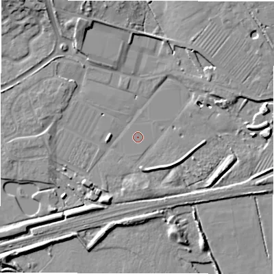 Shaded relief map of the ground around DE655QY, computed from Environment Agency LiDAR. The ground here sits at about 50 m above sea level and falls 11 m across the surrounding 800 m. The ground contributing surface water to this point lies to the north-west.