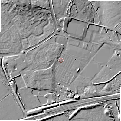 Shaded relief map of the ground around DE655RA, computed from Environment Agency LiDAR. The ground here sits at about 50 m above sea level and falls 12 m across the surrounding 800 m. Surface water reaching this point runs off ground lying to the north-north-west, 1.5 m higher.