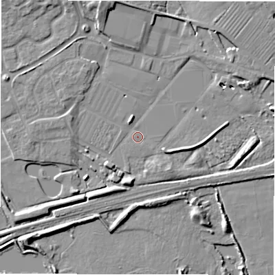 Shaded relief map of the ground around DE655RB, computed from Environment Agency LiDAR. The ground here sits at about 50 m above sea level and falls 10 m across the surrounding 800 m. Surface water reaching this point runs off ground lying to the north-east, 8.2 m higher.