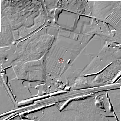 Shaded relief map of the ground around DE655RD, computed from Environment Agency LiDAR. The ground here sits at about 50 m above sea level and falls 11 m across the surrounding 800 m. Surface water reaching this point runs off ground lying to the south-south-east, 4.6 m higher.