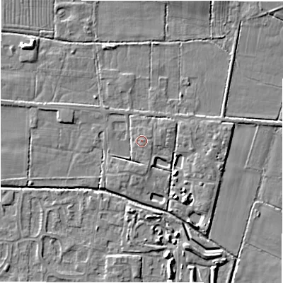 Shaded relief map of the ground around DE655RE, computed from Environment Agency LiDAR. The ground here sits at about 55 m above sea level and falls 5 m across the surrounding 800 m. Surface water reaching this point runs off ground lying to the north-east, 0.5 m higher.