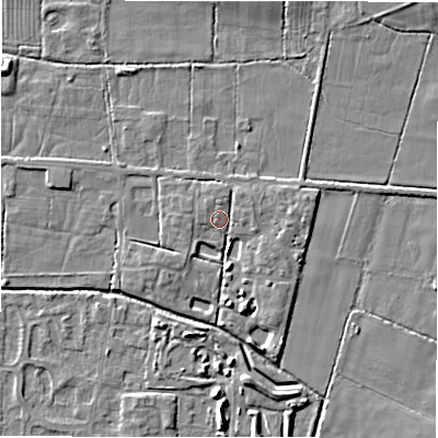 Shaded relief map of the ground around DE655RF, computed from Environment Agency LiDAR. The ground here sits at about 54 m above sea level and falls 5 m across the surrounding 800 m. Surface water reaching this point runs off ground lying to the north-west, 1.3 m higher.
