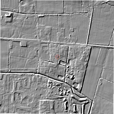 Shaded relief map of the ground around DE655RG, computed from Environment Agency LiDAR. The ground here sits at about 55 m above sea level and falls 5 m across the surrounding 800 m. The ground contributing surface water to this point lies to the north.