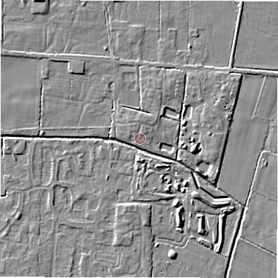 Shaded relief map of the ground around DE655RH, computed from Environment Agency LiDAR. The ground here sits at about 54 m above sea level and falls 4 m across the surrounding 800 m. Surface water reaching this point runs off ground lying to the north, 1.1 m higher.