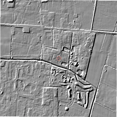 Shaded relief map of the ground around DE655RJ, computed from Environment Agency LiDAR. The ground here sits at about 54 m above sea level and falls 5 m across the surrounding 800 m. Surface water reaching this point runs off ground lying to the north-west, 1.1 m higher.