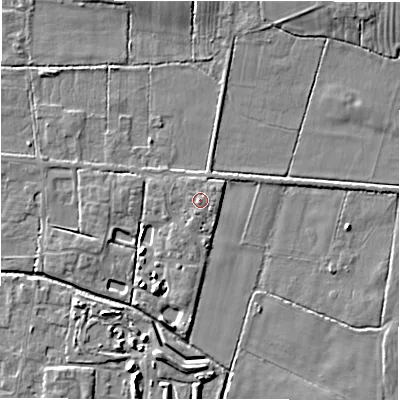 Shaded relief map of the ground around DE655RL, computed from Environment Agency LiDAR. The ground here sits at about 55 m above sea level and falls 5 m across the surrounding 800 m. Surface water reaching this point runs off ground lying to the south-south-west, 0.8 m higher.