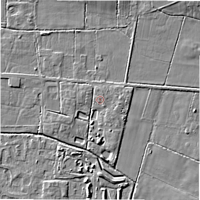 Shaded relief map of the ground around DE655RN, computed from Environment Agency LiDAR. The ground here sits at about 54 m above sea level and falls 4 m across the surrounding 800 m. Surface water reaching this point runs off ground lying to the north-east, 0.7 m higher.