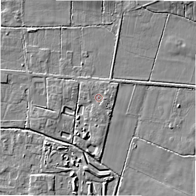 Shaded relief map of the ground around DE655RP, computed from Environment Agency LiDAR. The ground here sits at about 54 m above sea level and falls 4 m across the surrounding 800 m. Surface water reaching this point runs off ground lying to the east-north-east, 1.0 m higher.