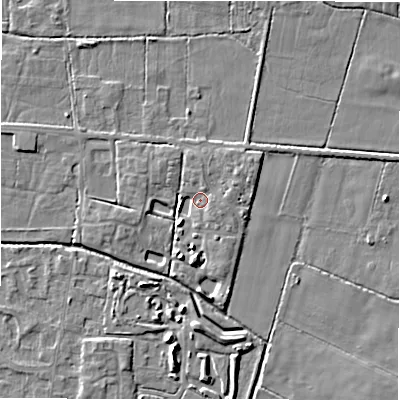 Shaded relief map of the ground around DE655RQ, computed from Environment Agency LiDAR. The ground here sits at about 54 m above sea level and falls 4 m across the surrounding 800 m. Surface water reaching this point runs off ground lying to the north-east, 2.2 m higher.