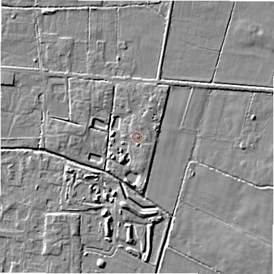 Shaded relief map of the ground around DE655RR, computed from Environment Agency LiDAR. The ground here sits at about 54 m above sea level and falls 4 m across the surrounding 800 m. Surface water reaching this point runs off ground lying to the north-north-east, 0.5 m higher.