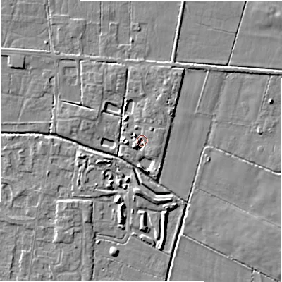 Shaded relief map of the ground around DE655RS, computed from Environment Agency LiDAR. The ground here sits at about 53 m above sea level and falls 4 m across the surrounding 800 m. Surface water reaching this point runs off ground lying to the south-west, 2.9 m higher.