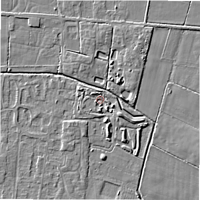 Shaded relief map of the ground around DE655RT, computed from Environment Agency LiDAR. The ground here sits at about 53 m above sea level and falls 4 m across the surrounding 800 m. Surface water reaching this point runs off ground lying to the south-east, 3.9 m higher.