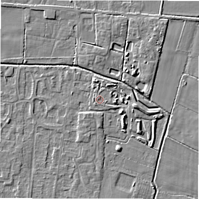 Shaded relief map of the ground around DE655RU, computed from Environment Agency LiDAR. The ground here sits at about 54 m above sea level and falls 4 m across the surrounding 800 m. The ground contributing surface water to this point lies to the west-north-west.