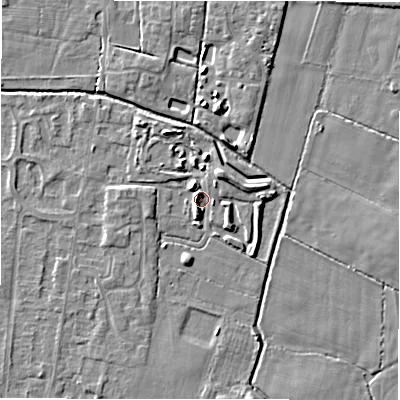 Shaded relief map of the ground around DE655RW, computed from Environment Agency LiDAR. The ground here sits at about 54 m above sea level and falls 4 m across the surrounding 800 m. Surface water reaching this point runs off ground lying to the west-north-west, 3.6 m higher.