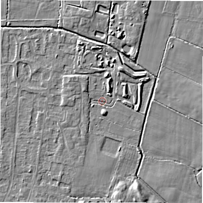 Shaded relief map of the ground around DE655RX, computed from Environment Agency LiDAR. The ground here sits at about 53 m above sea level and falls 5 m across the surrounding 800 m. Surface water reaching this point runs off ground lying to the south-south-east, 2.3 m higher.