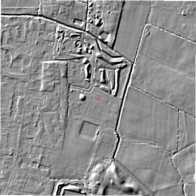 Shaded relief map of the ground around DE655RY, computed from Environment Agency LiDAR. The ground here sits at about 53 m above sea level and falls 5 m across the surrounding 800 m. Surface water reaching this point runs off ground lying to the north-north-west, 3.8 m higher.