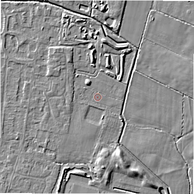Shaded relief map of the ground around DE655RZ, computed from Environment Agency LiDAR. The ground here sits at about 53 m above sea level and falls 5 m across the surrounding 800 m. Surface water reaching this point runs off ground lying to the north-north-west, 2.1 m higher.