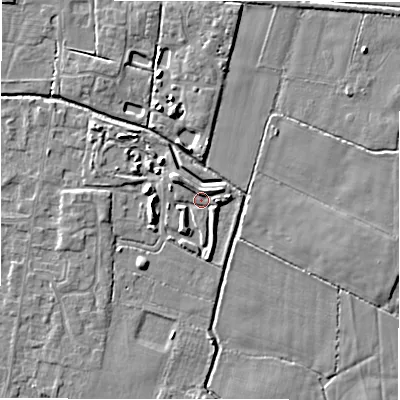 Shaded relief map of the ground around DE655SA, computed from Environment Agency LiDAR. The ground here sits at about 54 m above sea level and falls 4 m across the surrounding 800 m. Surface water reaching this point runs off ground lying to the north-west, 2.4 m higher.
