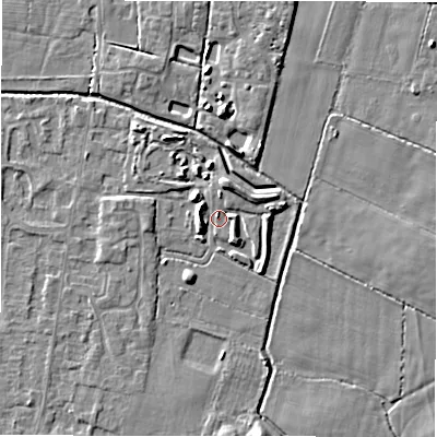Shaded relief map of the ground around DE655SB, computed from Environment Agency LiDAR. The ground here sits at about 53 m above sea level and falls 5 m across the surrounding 800 m. Surface water reaching this point runs off ground lying to the west-north-west, 3.6 m higher.