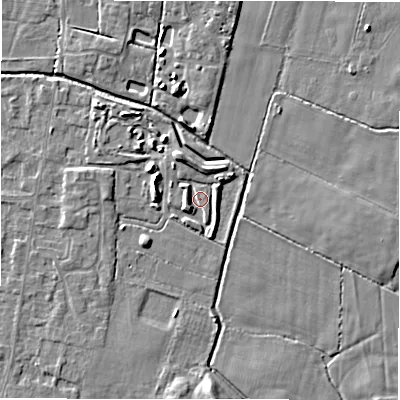 Shaded relief map of the ground around DE655SD, computed from Environment Agency LiDAR. The ground here sits at about 53 m above sea level and falls 5 m across the surrounding 800 m. Surface water reaching this point runs off ground lying to the north-north-west, 2.9 m higher.