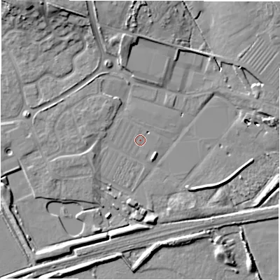 Shaded relief map of the ground around DE655SF, computed from Environment Agency LiDAR. The ground here sits at about 50 m above sea level and falls 13 m across the surrounding 800 m. The ground contributing surface water to this point lies to the east-north-east.
