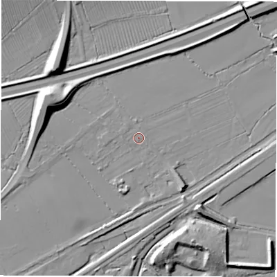 Shaded relief map of the ground around DE656AR, computed from Environment Agency LiDAR. The ground here sits at about 47 m above sea level and falls 13 m across the surrounding 800 m. Surface water reaching this point runs off ground lying to the north-west, 0.9 m higher.