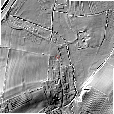 Shaded relief map of the ground around DE656BA, computed from Environment Agency LiDAR. The ground here sits at about 51 m above sea level and falls 27 m across the surrounding 800 m. Surface water reaching this point runs off ground lying to the south-west, 23.9 m higher.