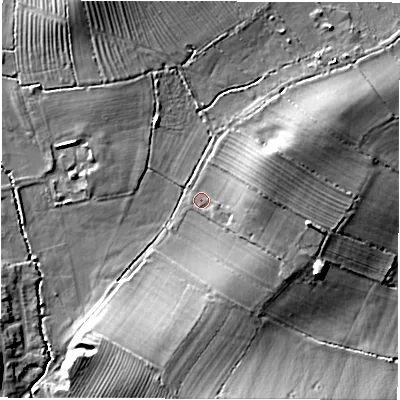 Shaded relief map of the ground around DE656BH, computed from Environment Agency LiDAR. The ground here sits at about 52 m above sea level and falls 9 m across the surrounding 800 m. Surface water reaching this point runs off ground lying to the east, 4.4 m higher.