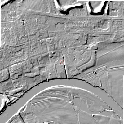 Shaded relief map of the ground around DE656BL, computed from Environment Agency LiDAR. The ground here sits at about 43 m above sea level and falls 11 m across the surrounding 800 m. Surface water reaching this point runs off ground lying to the south, 1.8 m higher.