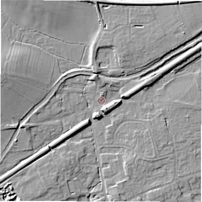 Shaded relief map of the ground around DE656BP, computed from Environment Agency LiDAR. The ground here sits at about 44 m above sea level and falls 11 m across the surrounding 800 m. Surface water reaching this point runs off ground lying to the east, 5.9 m higher.